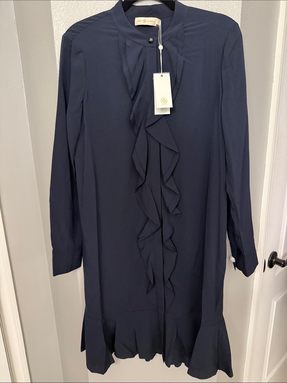 Tory Burch Navy Ruffle-Front Long Sleeve Shift Dress